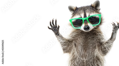 Cute raccoon with green glasses on white background © roh