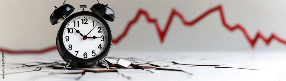 Broken clock showcasing financial downfall with a downward graph behind it, isolated, white background, plenty of space Broken clock showcasing financial downfall with a downward graph behind it, isolated, white background, plenty of space