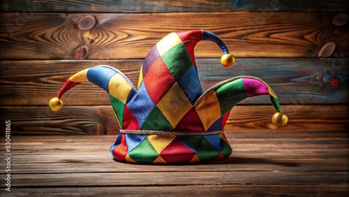 Whimsical jester hat on a wooden table