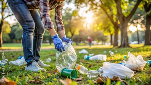 Person picking up plastic waste, including bottles, in a park photo