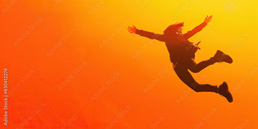 The Soaring Spirit of Adventure: A vibrant orange silhouette of a person mid-leap, adorned in a windswept cape, as if soaring towards an unknown horizon.