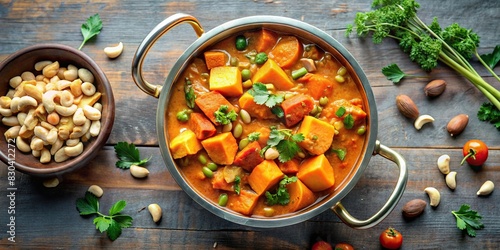 Top view of vegetarian madras curry stew with sweet potatoes & cashew nuts in saucepan, with copy space photo