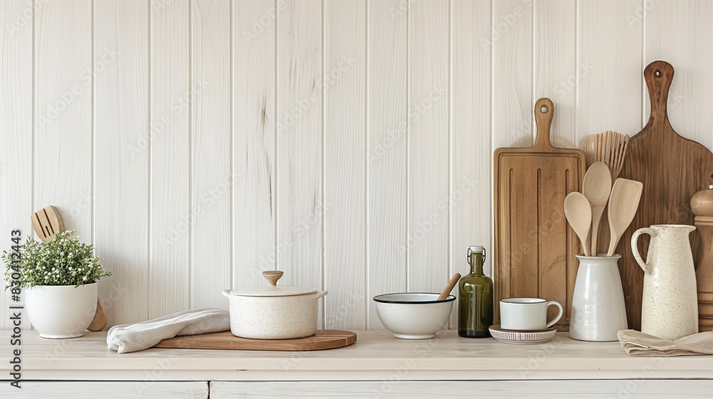 Kitchen accessories on white wooden background Kitchen accessories on white wooden background