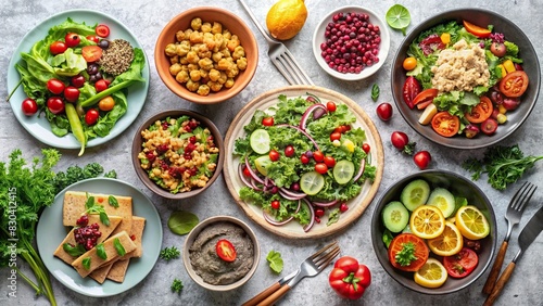 Veganuary feast featuring assorted salads and healthy plates on light gray table photo