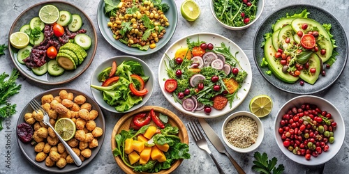 Veganuary feast featuring assorted salads and healthy plates on light gray table photo