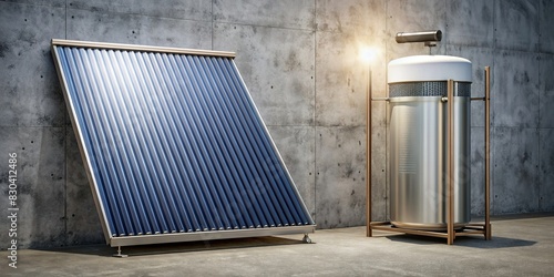 of solar water heating system with panels and boiler on concrete background photo