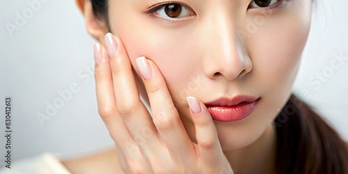 Close-up photo of a Japanese woman s hand touching her face with a focus on her skin and nails against a white background