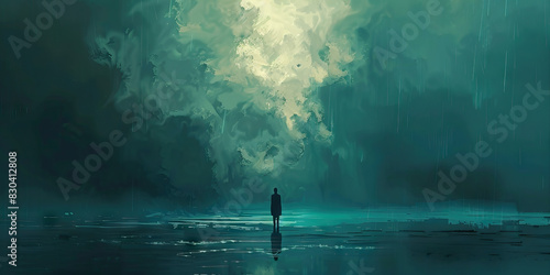 Embracing Solitude: A solitary figure standing beneath a foreboding gray sky, seemingly lost in thought, surrounded by muted teal hues that evoke a sense of melancholy.