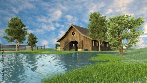 Stable next to a pond on a countryside farm or ranch. 3D render.