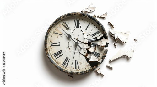 Broken clock indicating loss with ominous shadows cast over it, isolated, white background, copy space