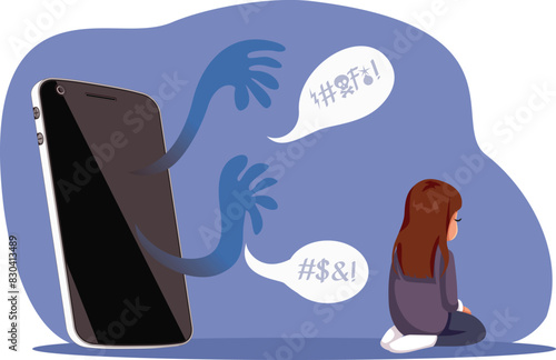 Little Girl Upset from Online Negative Comments Vector Illustration. Unhappy child receiving online harassment on social media feeling depressed 

