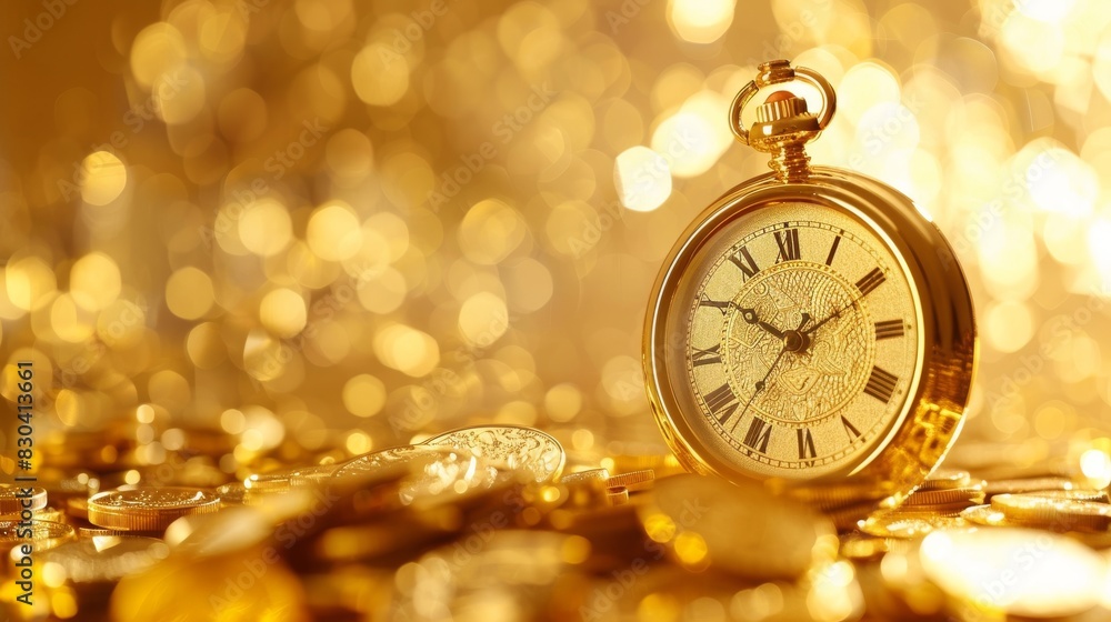 Clock indicating value surrounded by gold coins on a bright background, isolated and clean