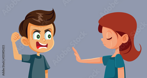 Child Saying No to Aggressive Behavior Vector Illustration. Girl standing up for herself not accepting abusive behavior 
