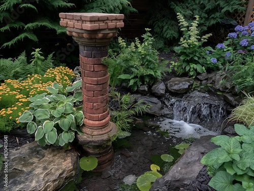 A brick pillar with a small fountain in front of it. The fountain is surrounded by plants and flowers