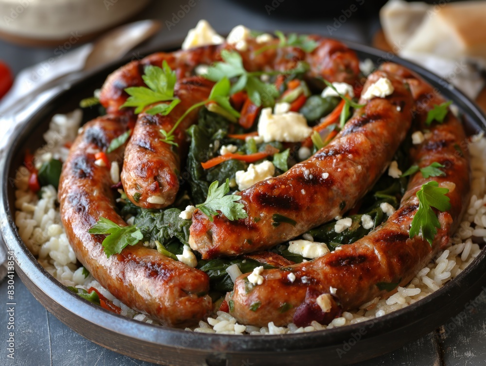 A plate of sausages and rice with a garnish of parsley. The dish looks delicious and inviting