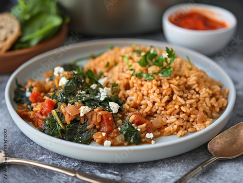 A plate of food with a spoon and a fork on the table. The plate has a mix of food, including rice, spinach, and cheese. Scene is casual and inviting