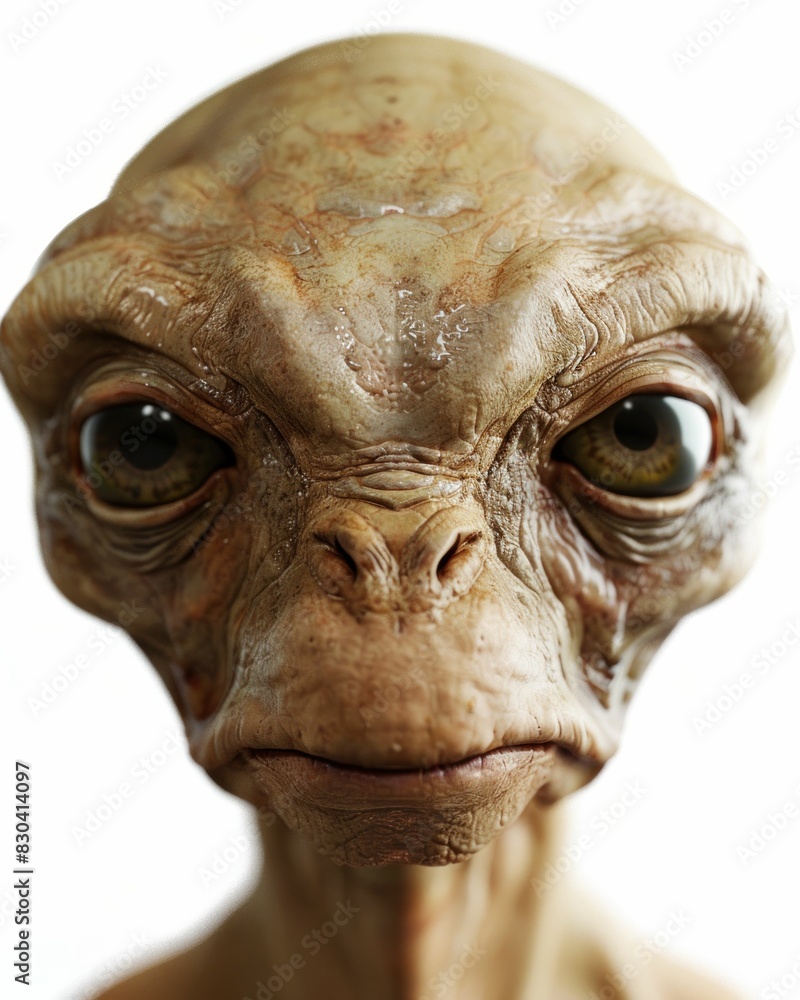 Closeup of a strange alien head with large eyes and nose on a blank white background Closeup of a strange alien head with large eyes and nose on a blank white background