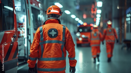 Emergency medical responders wearing orange uniforms and helmets, working at night with ambulances in the background.