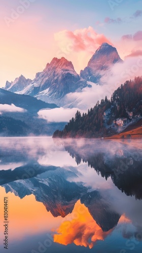 A breathtaking sunrise over a fog-covered mountain range reflected generated by AI