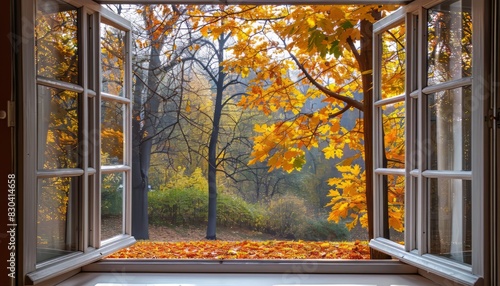 Fototapeta Naklejka Na Ścianę i Meble -  Window in room view on autumn park with fall leaves on the tree