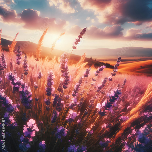 Summer Sun Radiant Light Setting in Field of Beautiful Blossoming Vibrant Lavender Violet Purple Flowers Aromatic Plants Blowing in Wind. Stunning Wallpaper Landscape. Sunny Morning Floral Background