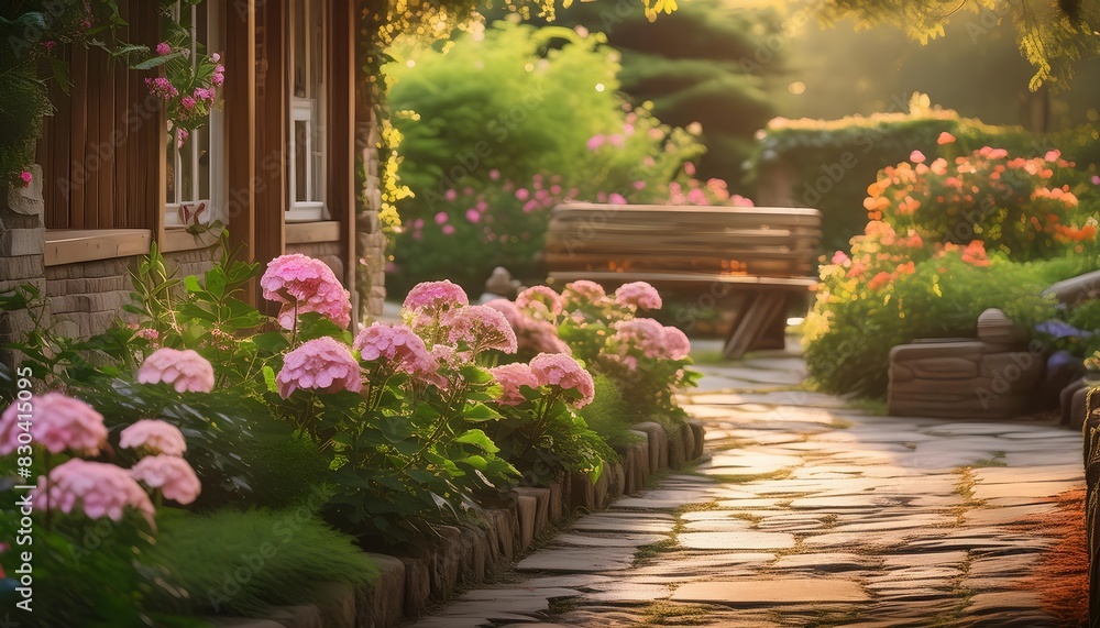 Fototapeta premium a serene and peaceful garden scene. pink geranium