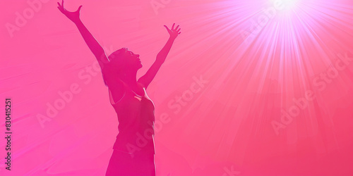 The Vibrant Dance of Ecstasy: A figure in a vivid pink dress, exuding an infectious energy as they move rhythmically, arms stretched wide and uplifted, radiating a sense of unadulterated joy and trium photo