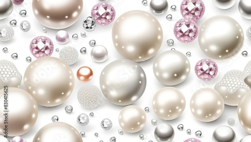 White and golden pearls, beads, 3d render balls, spheres, round shapes backgorund.