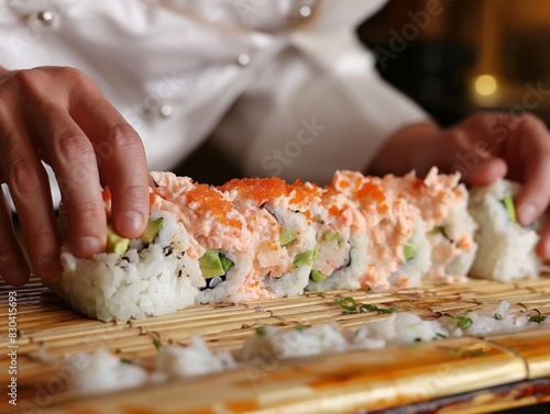 A chef is making sushi rolls with a variety of ingredients, including avocado, shrimp, and carrots