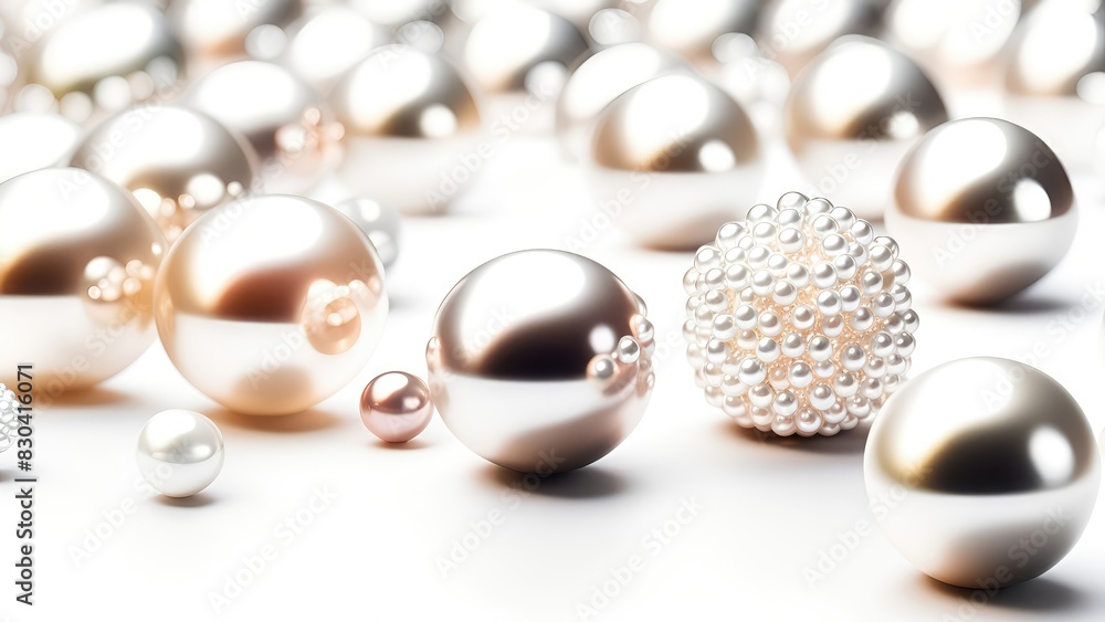 White and golden pearls, beads, 3d render balls, sphares, round shapes backgorund. White and golden pearls, beads, 3d render balls, sphares, round shapes backgorund.