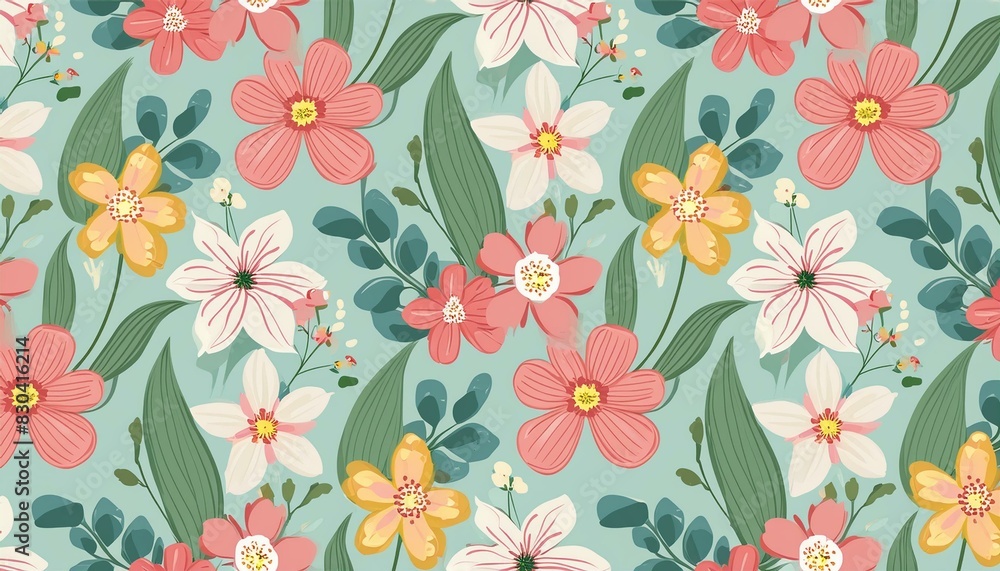 Vector illustration of a seamless floral pattern with spring flowers. Lovely floral background in sweet colors