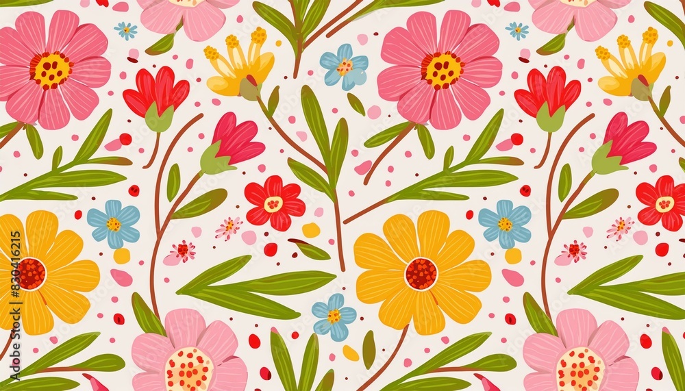 Vector illustration of a seamless floral pattern with spring flowers. Lovely floral background in sweet colors Vector illustration of a seamless floral pattern with spring flowers. Lovely floral background in sweet colors