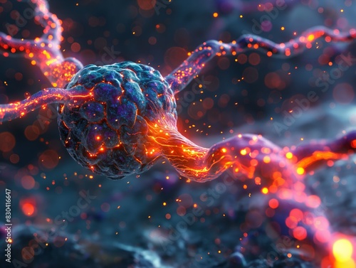 A glowing  fiery  and twisted mass of a nerve cell. The image is a representation of the complex and intricate nature of the human nervous system