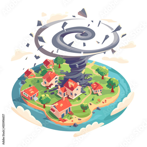 A cartoon illustration of a massive tornado wreaking havoc in a small town