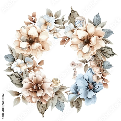 A beautiful watercolor painting of a wreath of flowers. The flowers are in shades of pink, blue, and yellow, with green leaves. The wreath is on a white background. photo