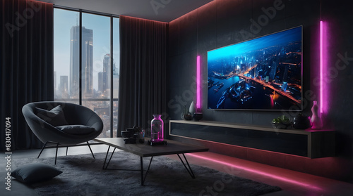 Smart connected TV dominates the wall in a modern interior  illuminated by vibrant connected neon lights  3d render. Generative ai.