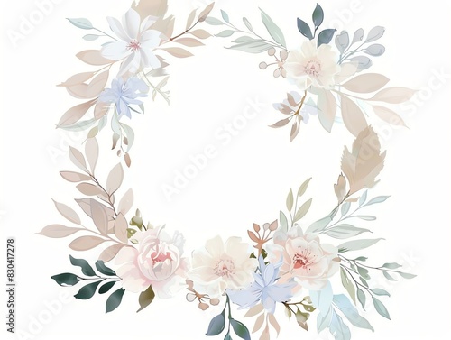 An elegant floral wreath with a variety of flowers in soft, muted colors. Perfect for wedding invitations, cards, and other special occasions. © Sukifli.D