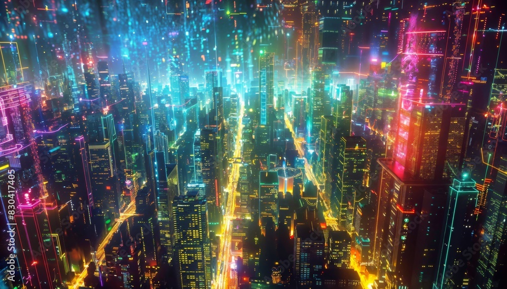 Gridlines transforming into vast luminescent cityscapes, tech for everything
