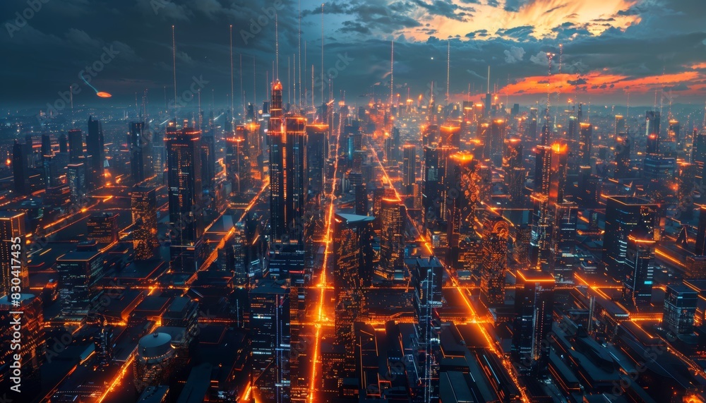 Fototapeta premium Gridlines transforming into vast luminescent cityscapes, tech for everything