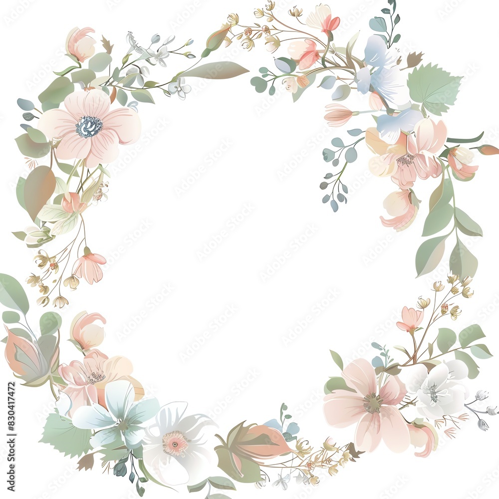 An illustration of a watercolor floral wreath with peach, pink, and blue flowers.