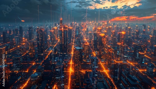 Gridlines transforming into vast luminescent cityscapes, tech for everything photo