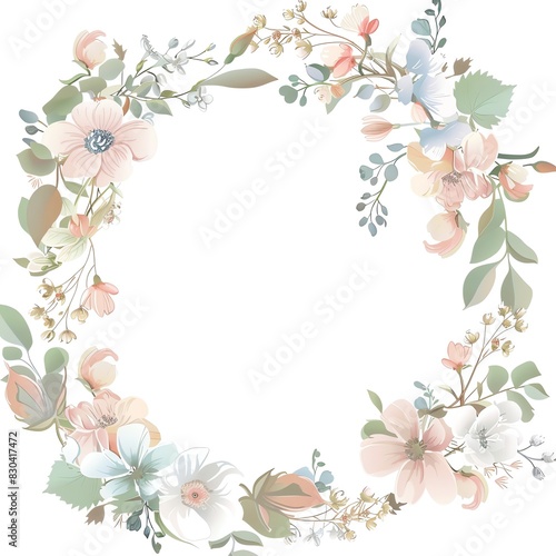An illustration of a watercolor floral wreath with peach, pink, and blue flowers.