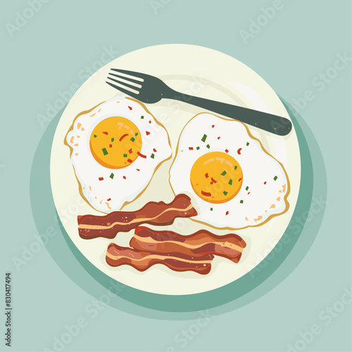 Scrambled eggs and crispy bacon on a plate with a fork