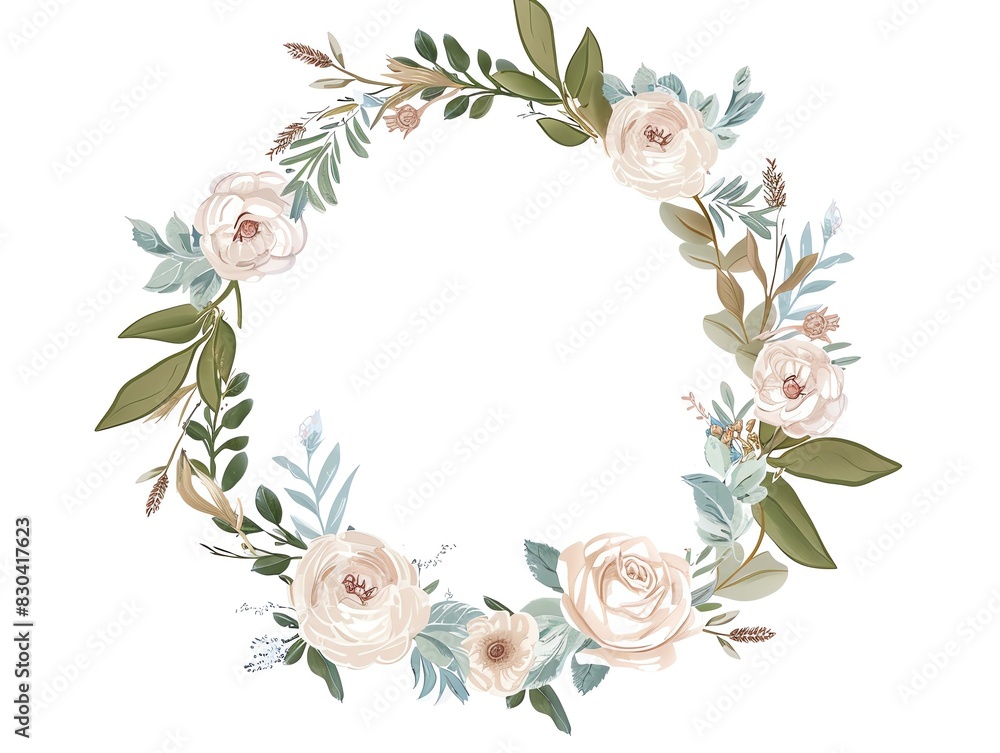 Naklejka premium An illustration of a watercolor floral wreath with cream and pink roses, green leaves, and blue and brown accents.