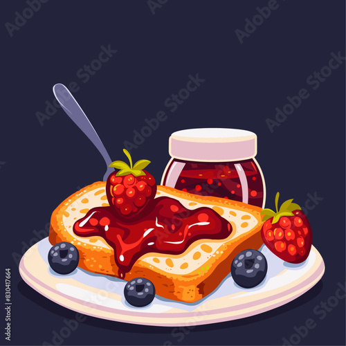 A plate of breakfast food with toast, jam, strawberries, and blueberries