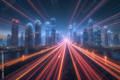 Smart modern city with speed light neon trails path with skyscrapers town  futuristic technology background  high speed light