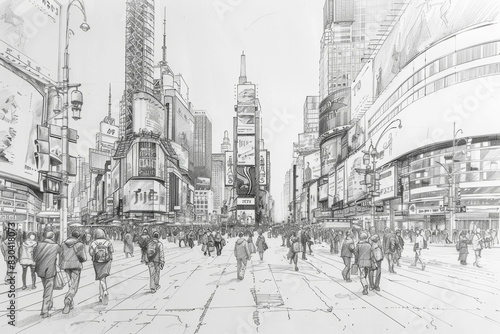 cityscape drawing  pencil sketch of a vibrant city street filled with skyscrapers and pedestrians  capturing the essence of urban life through detailed artwork