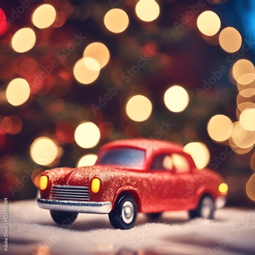 Christmas card Retro car with blur background 