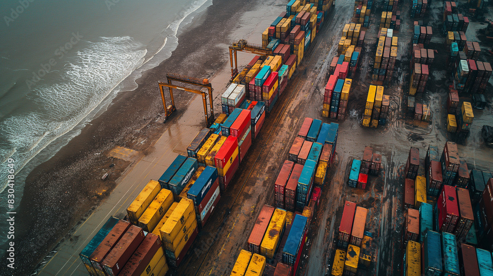 Aerial view of Container stacks at Felixstowe Container port.