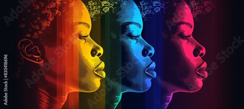 Silhouette of black woman face on colorful color. LGBT pride gender equality wallpaper. Generative AI technology.	
